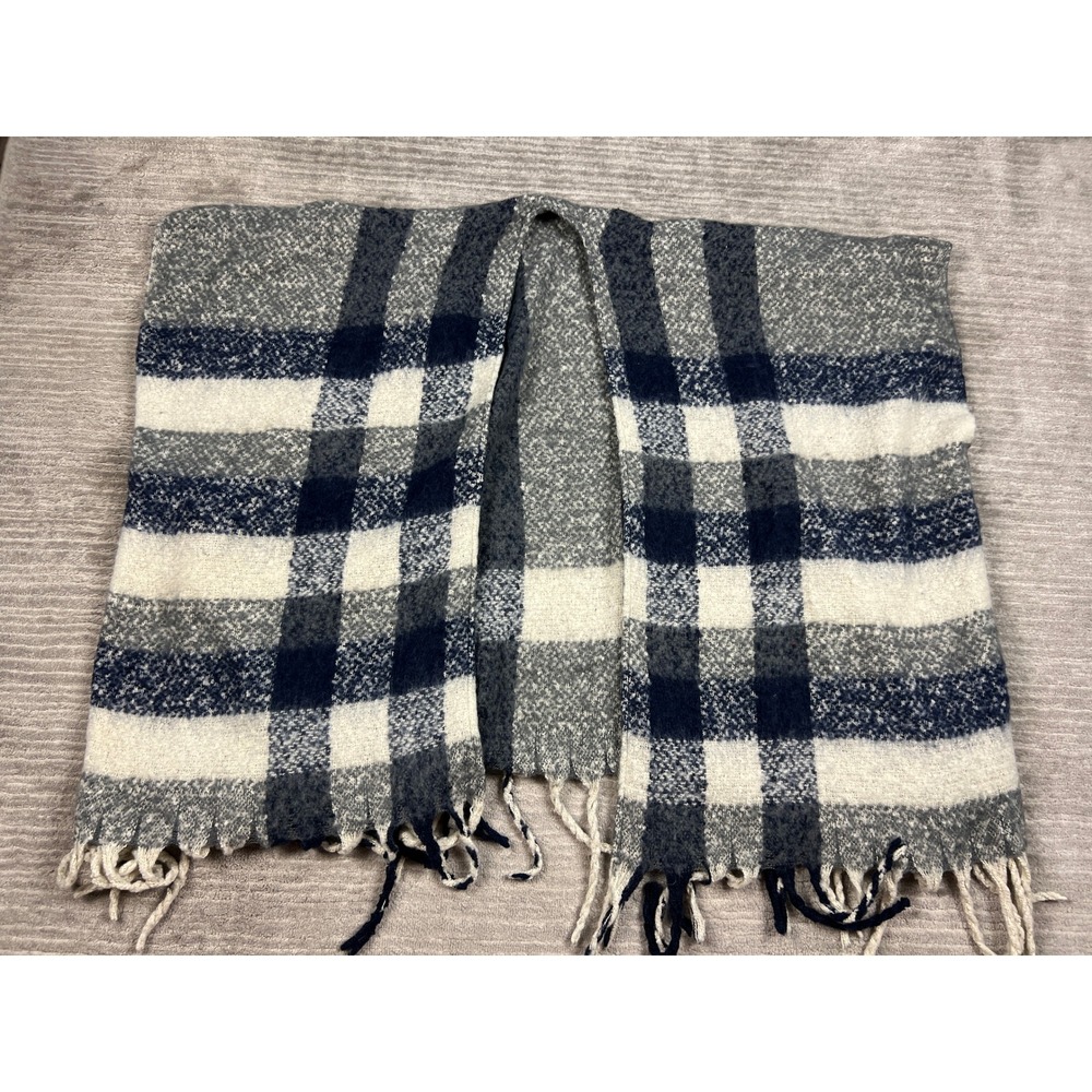 Just Jamie Poncho Womens OS Grey Blue Plaid Open Front Fringe Wrap Ruana Shawl